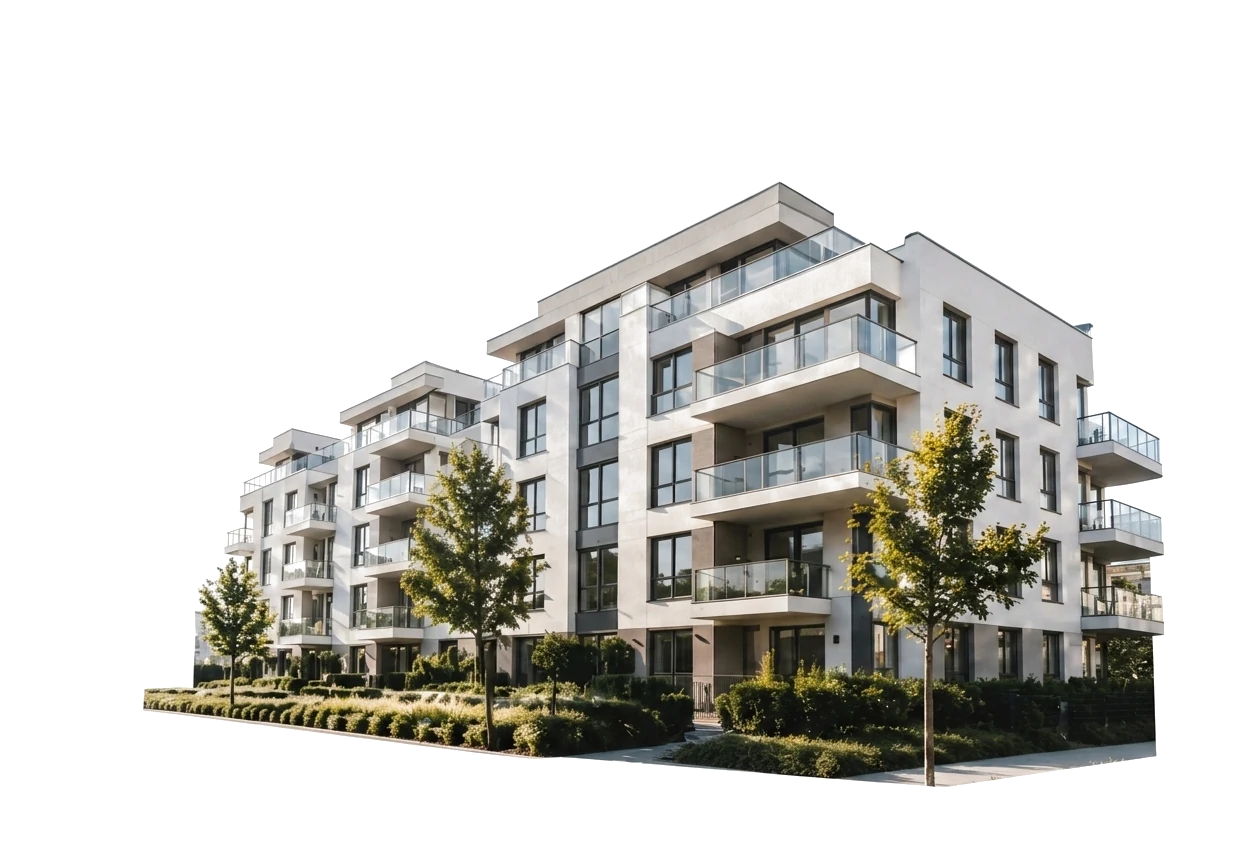Modernes Mehrfamilienhaus mit Glasbalkonen und Begrünung