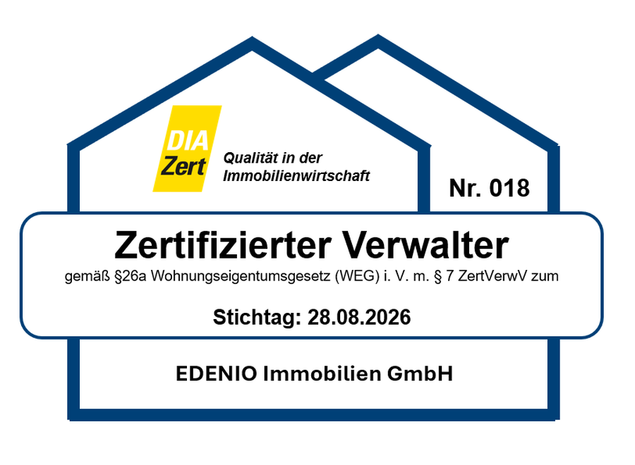 DIAZert-Siegel: Zertifizierter Verwalter gemäß § 26a WEG i. V. m. § 7 ZertVerwV, EDENIO Immobilien GmbH